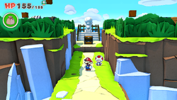 Mario standing near two holes containing a group of coins and a Flashy Mushroom on Hammer Island of The Origami King.