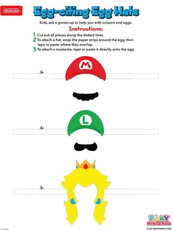 Printable sheet for Mario, Luigi, and Princess Peach egg decorations