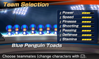Blue Penguin Toad's stats in the soccer portion of Mario Sports Superstars