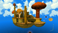 A screenshot of Gold Leaf Galaxy during the "Star Bunnies on the Hunt" mission from Super Mario Galaxy.