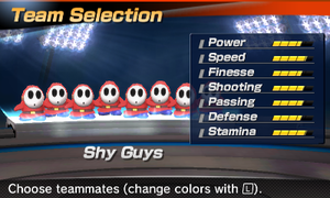 Shy Guy's stats in the soccer portion of Mario Sports Superstars