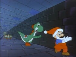 Mario and Yoshi chased by Koopa Football Players in "The Night Before Cave Christmas"