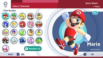 The character select screen for 110m Hurdles in Mario & Sonic at the Olympic Games Tokyo 2020.