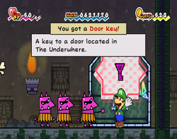 Luigi getting a Door Key from D-Man in Underwhere Road of Super Paper Mario.