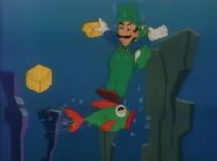 Luigi about to stomp a Blurp.