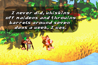 A scene from the Game Boy Advance opening intro of Donkey Kong Country 2, where Cranky Kong tells Donkey Kong that he never took time off.