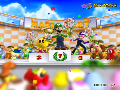 Flera tecken som gör komos i resultatskärmen för Mario Kart Arcade GP 2