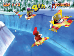 Diddy Kong in a Plane race of Everfrost Peak in Diddy Kong Racing DS.