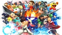 The thumbnail for the Super Smash Bros. Ultimate Event Tourney Free Four All, which shows all of the newcomers from Super Smash Bros. for Nintendo 3DS and Super Smash Bros. for Wii U (excluding the Mii Fighters, due to their customizable nature).