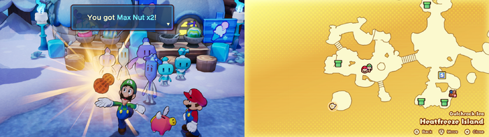 Luigi being given 2 Max Nuts by Prince Chilliam on Heatfreeze Island of Mario & Luigi: Brothership.