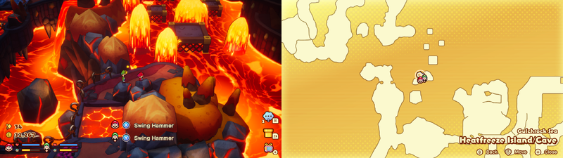 Mario and Luigi near a Sprite Bulb Nest on Heatfreeze Island of Mario & Luigi: Brothership.
