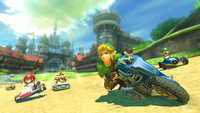 Link drives in Hyrule Circuit in Mario Kart 8.