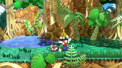 Mario getting a Coin from a bush in Keelhaul Key of Paper Mario: The Thousand-Year Door for Nintendo Switch.