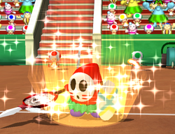 Shy Guy using the Lightning Spear move in Mario Power Tennis