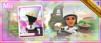 The Pastry Chef Mii Racing Suit from the Mii Racing Suit Shop in the Metropolitan Tour in Mario Kart Tour
