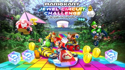 Artwork for the Mario Kart Jewel Circuit Challenge. It features an assembly of Super Mario characters racing on a Rainbow Road among Coins and Item Boxes, with Lakitu hovering above them. The characters, depicted using promotional renders for past Mario Kart games, are as follows:
