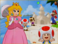 Mario and Toadsworth making a sandcastle while Princess Peach and two Toads relax on Driftwood Shore.