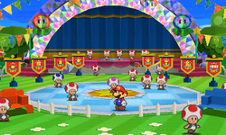 Screenshot of all eight Super Flags in Decalburg in Paper Mario: Sticker Star.