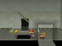 Mario getting the Star Piece under a hidden panel in front of the airplane black chest in Paper Mario: The Thousand-Year Door.