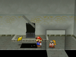 Mario getting the Star Piece under a hidden panel in front of the airplane black chest in Paper Mario: The Thousand-Year Door.