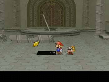 Mario getting the Star Piece in front of the thousand year door in Paper Mario: The Thousand-Year Door.