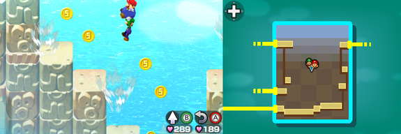 Mario and Luigi near 4 Five Coins in Plack Beach of Mario & Luigi: Bowser's Inside Story + Bowser Jr.'s Journey.