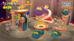 Screenshot of the playable characters in their cat forms fighting Hisstocrat and his minions in A Banquet with Hisstocrat in Super Mario 3D World