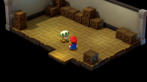 Seaside Town elder giving Mario a reward for saving his town in Seaside Town of Super Mario RPG.