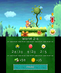 Smiley Flower 3: In an area Orange Yoshi can access past the Checkpoint Ring, where Orange Yoshi needs to activate a hidden Winged Cloud next to a slope that spawns a large Spring Ball. Orange Yoshi can run right, flutter jump through the course, and then collect the Smiley Flower.