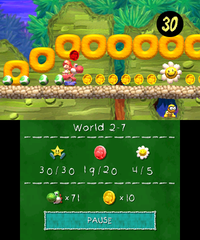 Smiley Flower 5: At the latter part of the Donut Block area. Red Yoshi needs to activate a Winged Cloud, which spawns the flower and a row of coins and red coins, while quickly collecting them before the Wall Lakitu destroys the platforms.