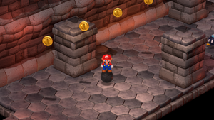 Mario finding first 4 10-Coins in the iron ball action course of Bowser's Keep of Super Mario RPG.