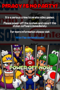 The fake image of Mario Party DS'"`UNIQ--nowiki-00000000-QINU`"'s nonexistent antipiracy screen. Only for use on the List of rumors and urban legends page.