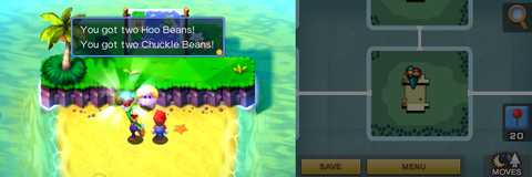 Luigi getting 2 Chuckle Beans and 2 Hoo Beans from the purple Oho Jee in Oho Ocean part of Oho Oasis of Mario & Luigi: Superstar Saga + Bowser's Minions.