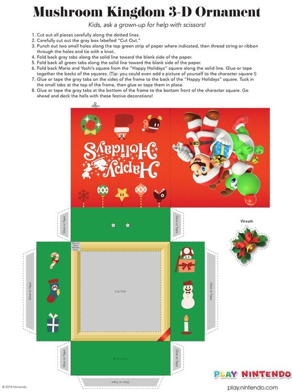 Printable sheet for a tree ornament featuring Mario and Yoshi
