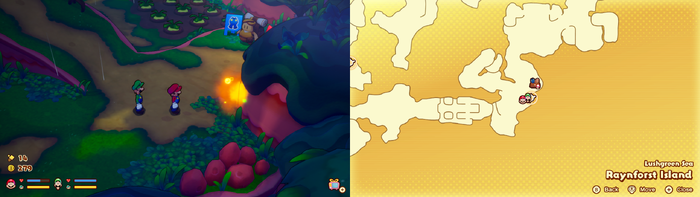 Mario and Luigi near a Sprite Bulb Nest on Raynforst Island of Mario & Luigi: Brothership.