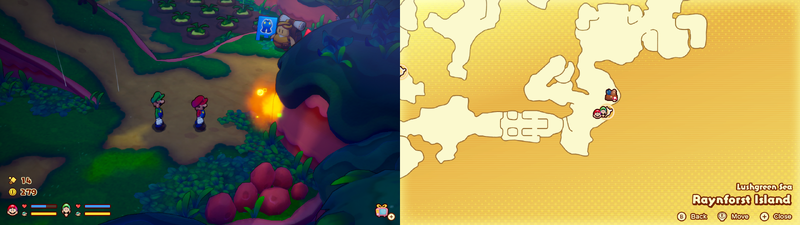 Mario and Luigi near a Sprite Bulb Nest on Raynforst Island of Mario & Luigi: Brothership.
