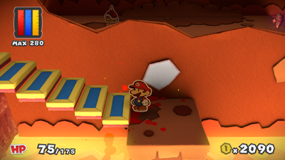 Mario in front of the revealed stairs in Redpepper Crater of Paper Mario: Color Splash.