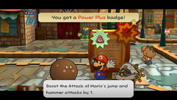 Mario getting the Power Plus badge from Lucky in Rogueport of Paper Mario: The Thousand-Year Door for Nintendo Switch.
