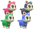 Models of a red, green, blue, and black kitten