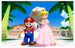 The twenty-fourth and final photo shown in the Super Mario Sunshine credits roll. Mario and Peach are at Delfino Square.