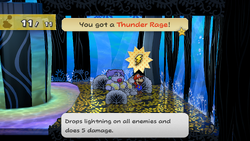 Mario getting a Thunder Rage from a bush in The Great Tree of Paper Mario: The Thousand-Year Door for Nintendo Switch.