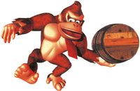 Artwork of Donkey Kong about to throw a barrel in Donkey Kong Country