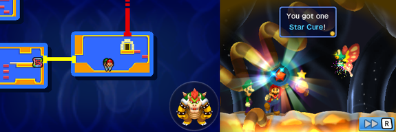 Mario and Luigi getting the red Star Cure from Windsurm in Energy Hold of Mario & Luigi: Bowser's Inside Story + Bowser Jr.'s Journey.