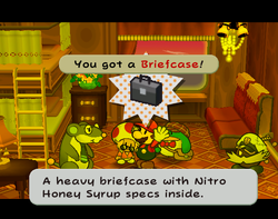 Mario getting a Briefcase from Doopliss (disguised as Zip Toad) on Excess Express of Paper Mario: The Thousand-Year Door.