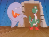 Yoshi being frightened in the Super Mario World episode "Ghosts 'R' Us" as a ghost taunts him.