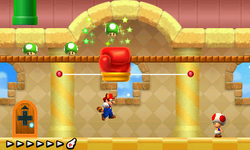 Mario, in Toad's House, getting 1-Up Mushrooms with a glove.