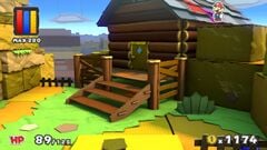 Mario on the roof of the Daffodil Peak park ranger's cabin in Paper Mario: Color Splash
