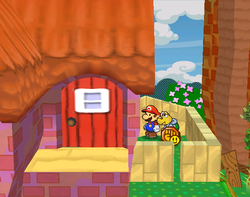 Mario near the Mega Rush P badge in Petalburg of Paper Mario: The Thousand-Year Door.