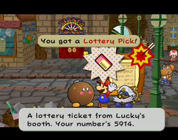 Mario getting a Lottery Pick from Lucky in Rogueport of Paper Mario: The Thousand-Year Door.