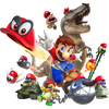 Splash artwork of Mario and Cappy with various captured forms from Super Mario Odyssey.